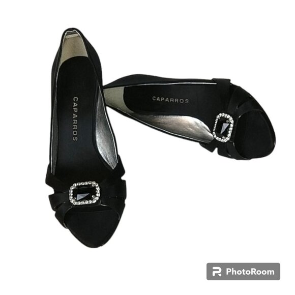 Caparros Shoes - Caparros Black Satin Strappy Open Toe Black Onyx Rhinestone Jeweled Vamp Heel
